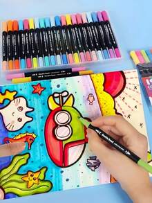 24/36/48支双头美术马克笔套装，适用于艺术家细头和毛笔，颜色随机，学生返校及成人书籍装饰绘画工艺套装礼品 - 彩色 - 查看 2