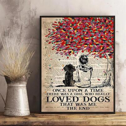 1pc Vintage Canvas Painting, Once Upon A Time, There Was A Girl Who Really Loved Dogs. The Girl And The Dog Painted Murals On Canvas Under A Tree. The Artwork Could Be Used As A Wall Decoration For Bathroom, Bedroom, Office, Living Room, Home Art,Poster Gifts Birthday Graduation, NO Frame