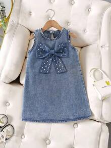 Girls Casual Loose Denim Dress With 3D Beaded Bow, Elegant Solid Color Denim Dress For Little Girls - Dark Wash - View 6