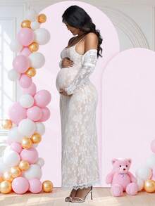 JustVH 2pcs Maternity Elegant Lace Long Sleeve Top And Lace Slip Dress Set, Suitable For Baby Shower, Party, Photo Shoot - White - View 7