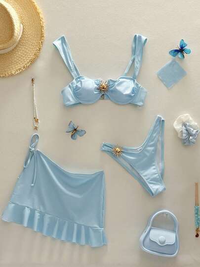 Conjunto de traje de baño tipo tankini de 3 piezas de unicolor, con diseño de tirantes anchos y soporte con aros, estilo de playa de moda, perfecto para vacaciones en la playa y fiestas en la piscina durante el verano