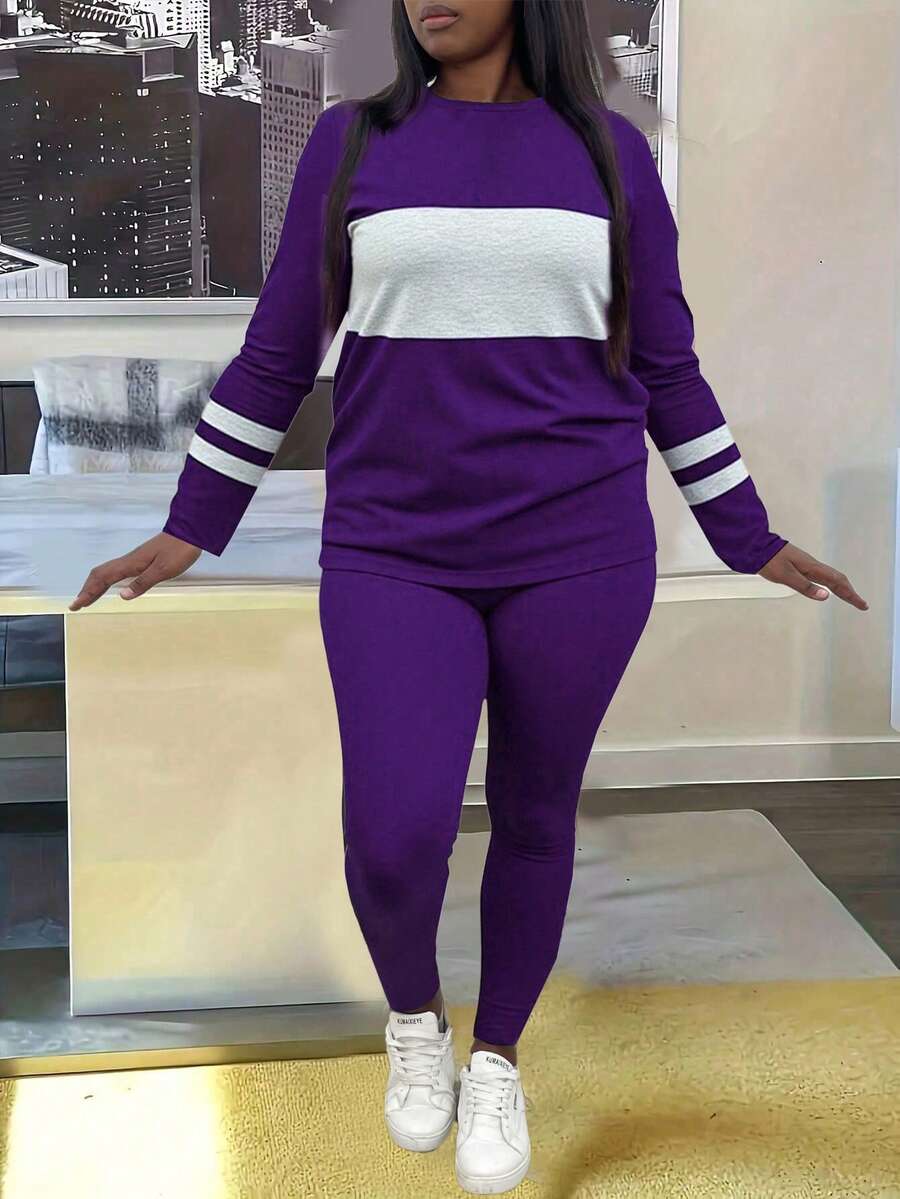Plus Size Women Casual Commuting Striped Contrast Color Long Sleeve T-Shirt And Skinny Pants Set - Purple - View 1