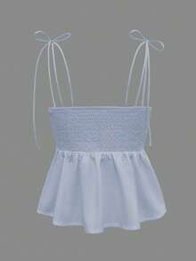 1pc Women's Casual Sleeveless Ruffle Hem Blouse, Elegant French Minimalist Pure White Tube Top Cropped Camisole, Fitted Vacation & Commute Lightweight Camisole Tie Front Tank Top, Y2K Sexy Babydoll Accentuates Curves Outerwear, Spring/Summer/Autumn - Blue - View 5