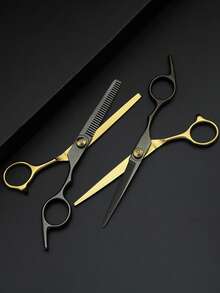 1件/2件套高品质专业理发剪刀套装，家用不锈钢理发剪，黑金配色，美发工具、美发产品及配件，理发沙龙美容旅行必备 - 黑金 - 查看 3