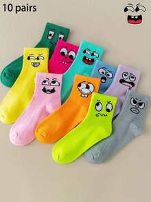 1/3/5/8/10 Pairs Random Women Mid-Calf Socks, Cute Smiling Face Cartoon Pattern, Comfortable & Fashionable Personalized Socks, Spring/Summer