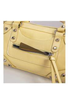 1pc Fashionable Coffee Color Patchwork Rivet, Embedded Metal Rivet, Embedded Dual Handle Adjustable Long Shoulder Strap Design, Fashionable Retro Sweet Cool Style Motorcycle Bag, Women's Handbag, Casual Low-Key Luxury Style, Women's Crossbody Bag, Suitable For Daily Outings And Shopping - Yellow - View 3