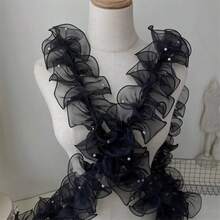 1卷/1米 12厘米 密褶珠饰薄纱蕾丝缎带，花艺包装缎带，闪亮珍珠波浪欧根纱缎带 - 黑色 - 查看 9