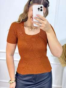 Women's Basic Ribbed Knit Short Sleeve Casual Square Neck Blouse - Adobe - 查看 3