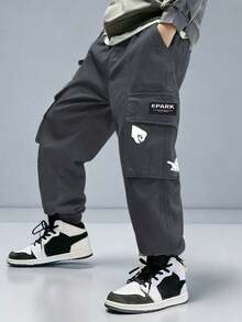 1 件青少年男孩休闲户外口袋卡通印花工装裤，春夏秋 - 灰色 - 查看 5