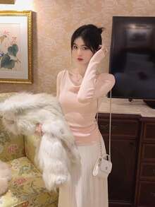 New Arrival Casual Loose Fit Cowl Neck Soft Wool Knit Sweater Top - Pink - View 2