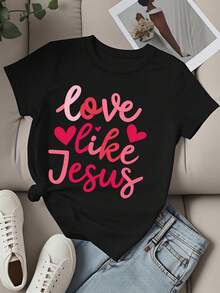 T Shirt Love Like Jesus Pink Heart Print Casual Wear For Women Valentine's Day Outfit Church Fashion Statement Top - màu đen - Xem 3