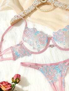 2件套性感蕾丝刺绣文胸+丁字裤内衣套装，女士情人节礼物 - 粉色 - 查看 2
