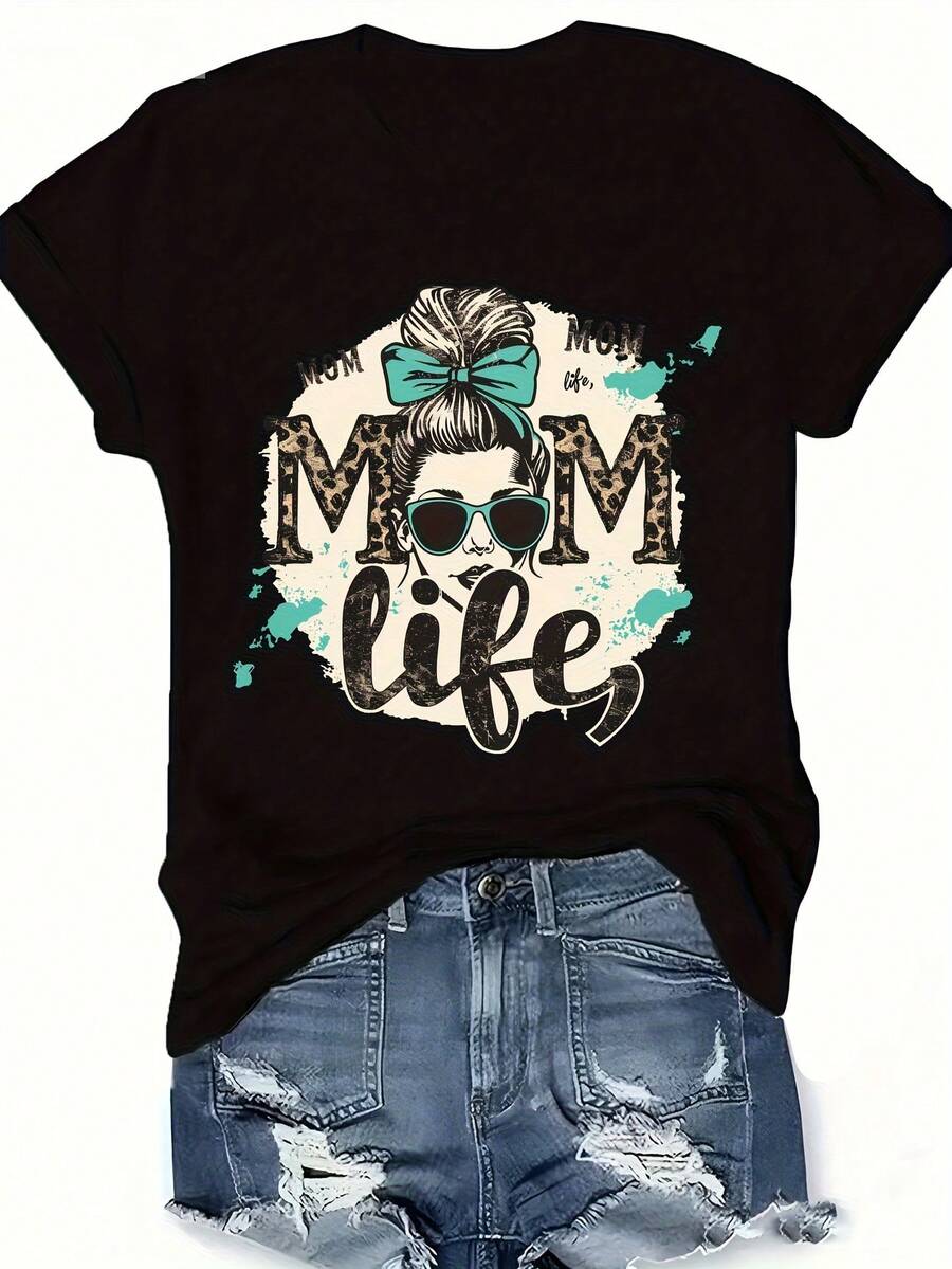 Stylish Women'S T-Shirt With Short Sleeves For Moms - 黑色 - 查看 1