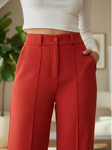 Duna Casual Wide-Leg Pants With Adjustable Back Waistband, Zipper And Button Detail, Functional Pockets, And Belt Loops. - 紅色 - 查看 2