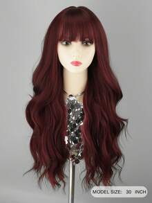 1件合成耐热假发，长款自然波浪红发假发，带刘海，长卷发假发，长度28-30英寸，纤维材质，适合日常佩戴，自然逼真的万圣节假发。 - 彩色 - 查看 4