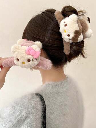 Sanrio 三丽鸥 2 件装可爱双面 Hello Kitty 毛绒发夹，甜美风格发夹，适合女性日常居家使用，时尚发饰，优雅发爪，时尚发夹，优雅发卡