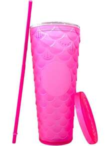 Vaso Texturizado Prismas Neón Durian de Doble Pared con Tapa de Doble Rosca y Popote de 24 Onzas 710 ml (Sirena Fiusha Neon Rosa) - Sirena Fiusha - Ver 13