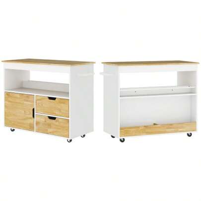 HOMCOM Kitchen Trolley With Countertop, Drawers, Kitchen Cabinet With Soft-Close Door And Handle, Kitchen Island With Open Compartment For Office, 107 X 50 X 85 Cm, Oak