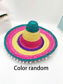 1 pieza Sombrero de paja mexicano de color aleatorio, sombrero de paja tejido, sombrero de paja con bola esponjosa, sombrero de paja de Halloween, sombrero de paja para fiesta, sombrero de paja para utilería de actuación