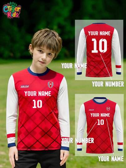 Customized Kids Long Sleeve Soccer Jersey - Personalized With Name And Number (Front/Back) - Red Diamond Pattern, White Sleeves - Quick-Dry Breathable - Suitable For Soccer, Volleyball, Basketball, Casual Wear, Also An Ideal Gift For Halloween, Thanksgiving, Christmas And New Year