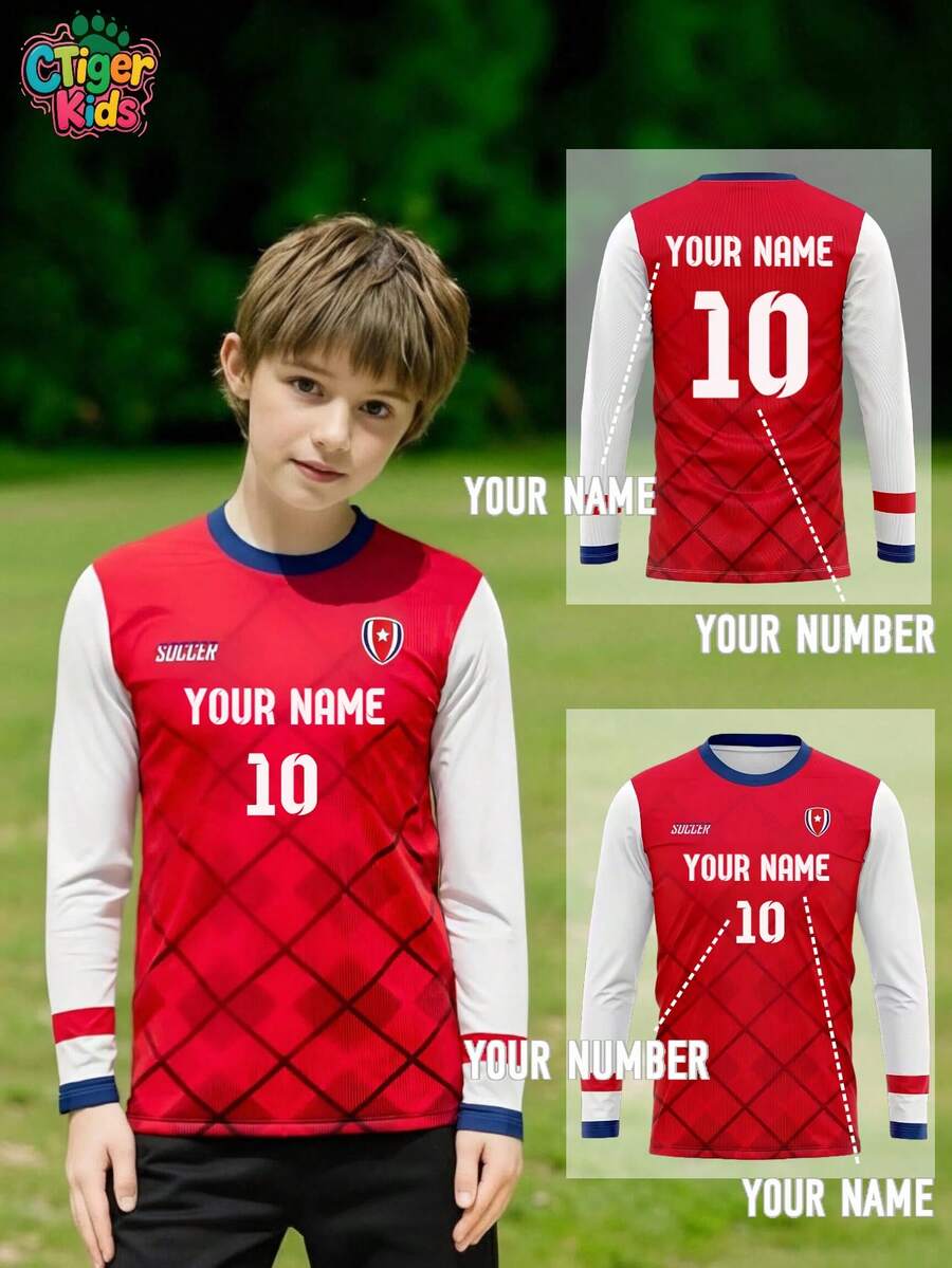 儿童定制长袖足球服 - 可印制姓名和号码（正面/背面） - 红色菱形图案，白色袖子 - 速干透气 - 适合足球、排球、篮球、休闲穿着，也是万圣节、感恩节、圣诞节和新年等节日的理想礼物