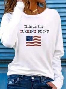 Camiseta de protesta de manga larga con cuello redondo para mujer "Este es un punto de inflexión" - Camiseta casual suave y cómoda para todas las estaciones con estampado de bandera y símbolo, regalo de declaración política para ropa - Blanco y azul marino Parte superior corta con hombros descubiertos - Blanco - Ver 13