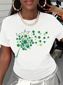 Lucky Clover Dandelion Design White T-Shirt Women Casual St Patrick Day Shirt Lucky Charm Graphic Tee Top - White - View 2