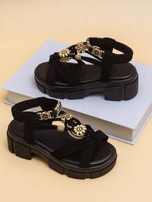 2026新款时尚凉鞋，雕花金属装饰，厚实机械鞋底，弹性踝带，防滑耐磨，波西米亚工业风凉鞋，街头时尚，艺术区，复古市集，夏季个性穿搭！ - 黑色 - 查看 7