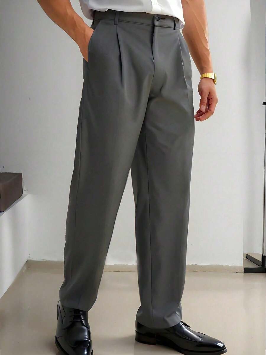 Men's Loose Lightweight Business Trousers, Polyester Wide Leg Pants, Straight Formal Pants, Straight Casual Pants, Solid Color Suit Pants - Grey - View 1