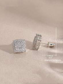 Minimalist Square Inlaid Synthetic White Cubic Zirconia Stud Earrings, Suitable For Wearing At Parties And Gatherings, An Excellent Gift For Family And Friends - Silver - View 5