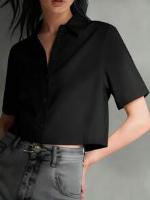 Women Casual Asymmetric Button Down Shirt,Short Sleeve Tops - Black - View 6