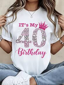 Its My 40 Birthday Sparkle Crown T-Shirt For Women 40th Birthday Celebration Shirt Pink Rhinestone Design White Crewneck Top - trắng - Xem 1