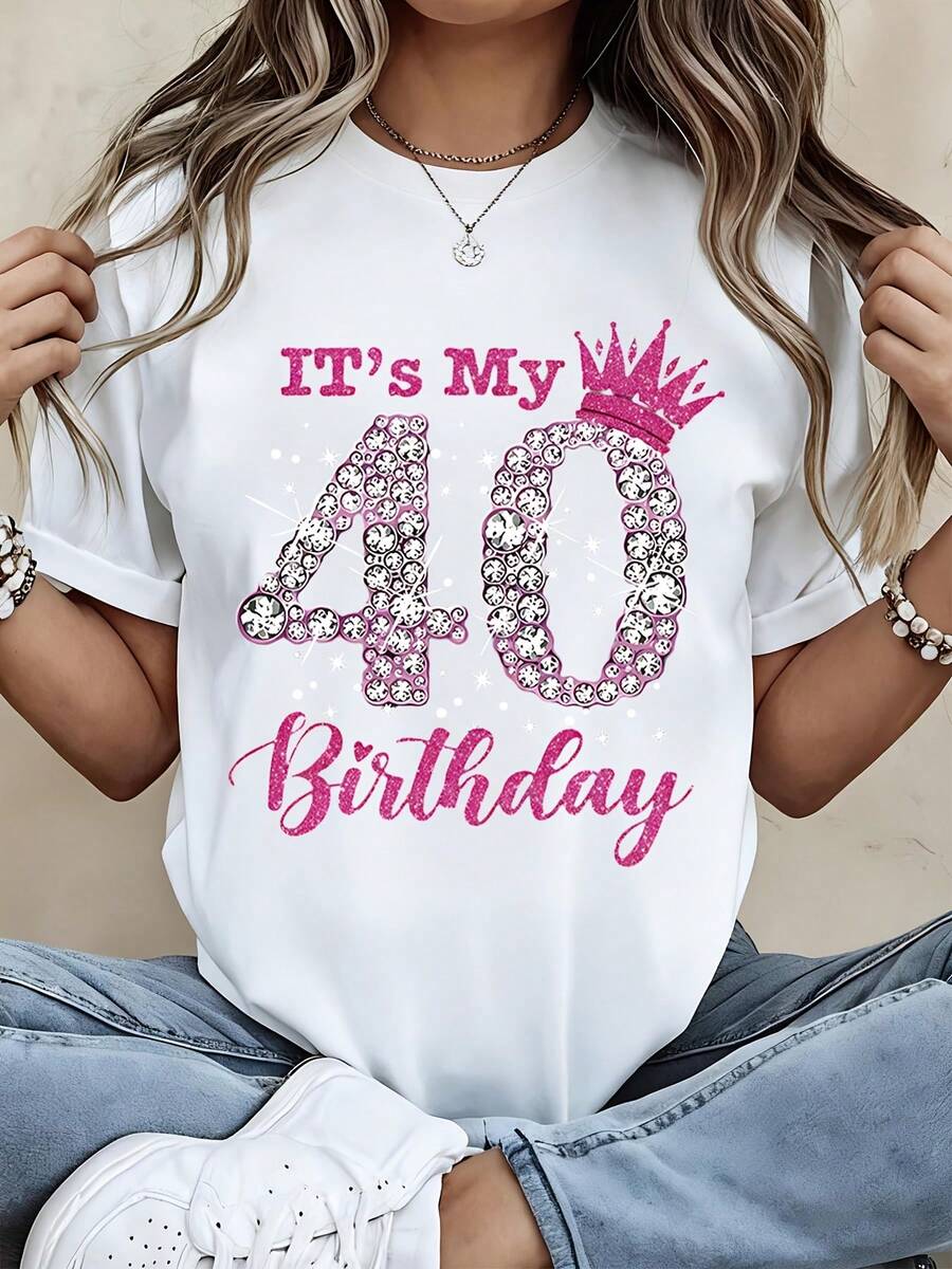 Its My 40 Birthday Sparkle Crown T-Shirt For Women 40th Birthday Celebration Shirt Pink Rhinestone Design White Crewneck Top - trắng - Xem 1