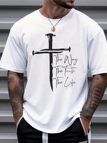 Men's Christian Faith Graphic T-Shirt - The Way The Truth The Life Cross Design, % Cotton Breathable Regular Short Sleeve T-Shirt, Suitable For Spring Summer Casual And Outdoor Wear, Religious Theme Clothing, Casual Wear Bold Graphic T-Shirt Comfortable Style, Christian T-Shirt - Unisex Plus Size Top WCH0 - WH01-Z0305-WU - Xem 1