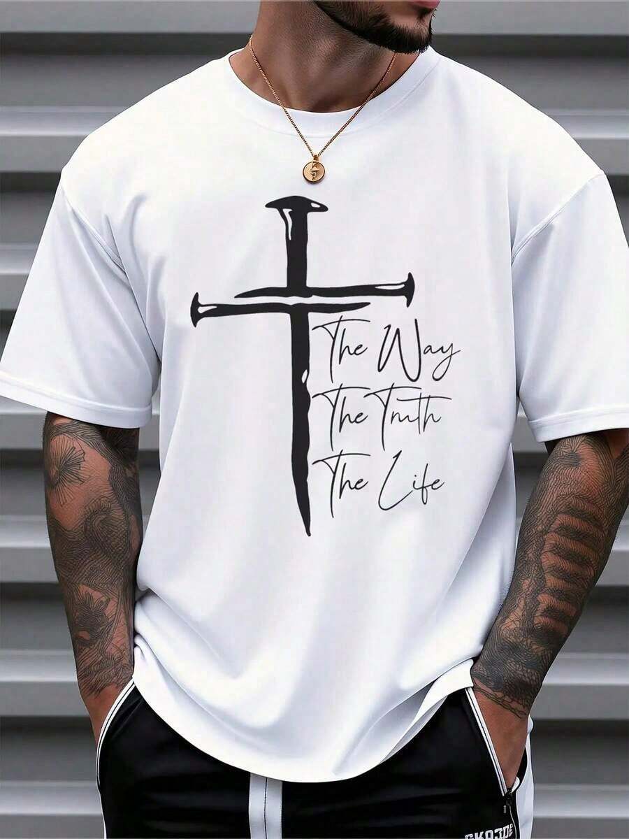 Men's Christian Faith Graphic T-Shirt - The Way The Truth The Life Cross Design, % Cotton Breathable Regular Short Sleeve T-Shirt, Suitable For Spring Summer Casual And Outdoor Wear, Religious Theme Clothing, Casual Wear Bold Graphic T-Shirt Comfortable Style, Christian T-Shirt - Unisex Plus Size Top WCH0 - WH01-Z0305-WU - Xem 1