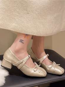 2026 New Black Contrast Color Pointed Toe Chunky Heel Pumps, Korean Version Metal Buckle Mid-Heel Mary Jane Shoes For Women - Champagne - View 5