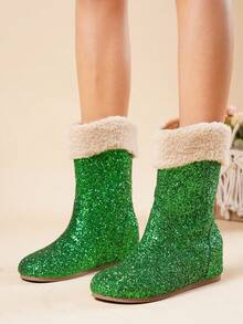 2026 Winter New Fashionable Sequin Thick Sole Wedge Snow Boots For Women, Mid-Calf, Warm Lined, Versatile - Green - View 5