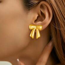 1对时尚钛钢蝴蝶结耳钉，夸张设计，高端百搭耳环 - 彩色 - 查看 5