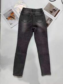 Calças legging femininas de inverno em denim elástico com forro térmico, confortáveis e quentes, ideais para atividades ao ar livre e para o Natal. - Cinza médio - Ver 7
