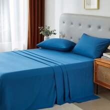 3/4 Pieces Sheet Set, Cooling Sheets For 3 Pieces Twin Sheet Set With Pillowcase, Full/Queen/King Size Bed Set With 4Pieces, Derived From Microfiber, Breathable & Soft, Deep Pocket Up To 16", Hotel Luxury Silky Bedding For Hot Sleepers - 藍色 - 查看 5