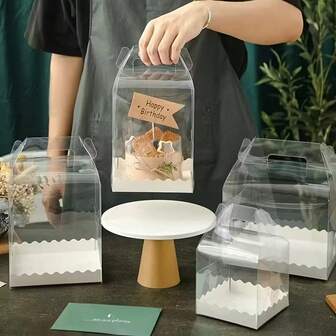5pcs PET Cake Boxes - 4,5,6,7-Inch Square Transparent Dessert Containers Suitable For Parties, Weddings, Showers - Heavy-Duty Lightweight Packaging For Cakes, Cupcakes, Pastries