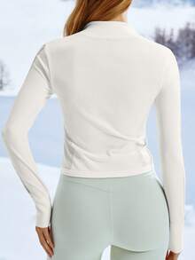 Leorrey 1pc Women Zipper Stand Collar Ribbed Splice Slim Fit Ski Long Sleeve Snow Suit White Winter Sports - White - View 4
