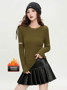 女士双面植绒镂空设计打底衫，多功能加厚长袖衬衫，2025冬季款 - 230薑黃色 - 查看 3