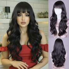 棕色假发，带刘海，长款波浪卷曲合成耐热纤维假发，适合日常派对佩戴（26英寸） - 彩色 - 查看 13