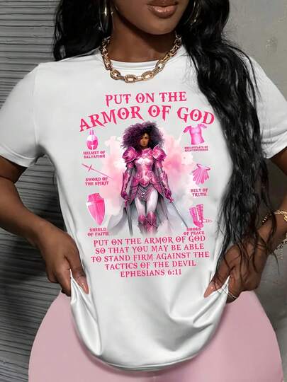 Camiseta Inspiradora de Talla Grande para Mujeres - Diseño Geométrico Rosa y Blanco con Tema del Armadura de Dios Efesios 611, Corte Regular Manga Corta Cuello Redondo, Lavable a Máquina para Todas las Estaciones, Camisetas Casuales para Días Festivos y Uso Diario, Cómoda Sudadera Motivacional, Ropa de Verano Confortable