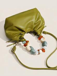 Women's Luxe Green Beaded Pleated Handbag – Elegant Ruched Faux Leather Crossbody/Shoulder Bag, Unique Multicolor Bead Handle Hobo Purse, Ideal For Daily Fashion, Dating, Shopping Trips, Brunch & Weekend Gatherings,  Accessory With Spacious Interior - 彩色 - 查看 5