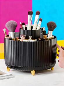 A 360-Degree Rotating Cosmetic Storage Box - A Single Plastic Cosmetic Storage Box With 5 Compartments - A Multi-Functional Storage Box For Brushes, Lipsticks, Skincare Products, And Stationery - A , Odorless, Luxurious Striped Design Desktop Storage Box, Suitable For Bedroom, Bedroom, Large-Capacity Plastic Pen Holder, Bathroom Organizer, And Household Dustproof Storage Bucket.,Room Decor - Multicolor - View 3