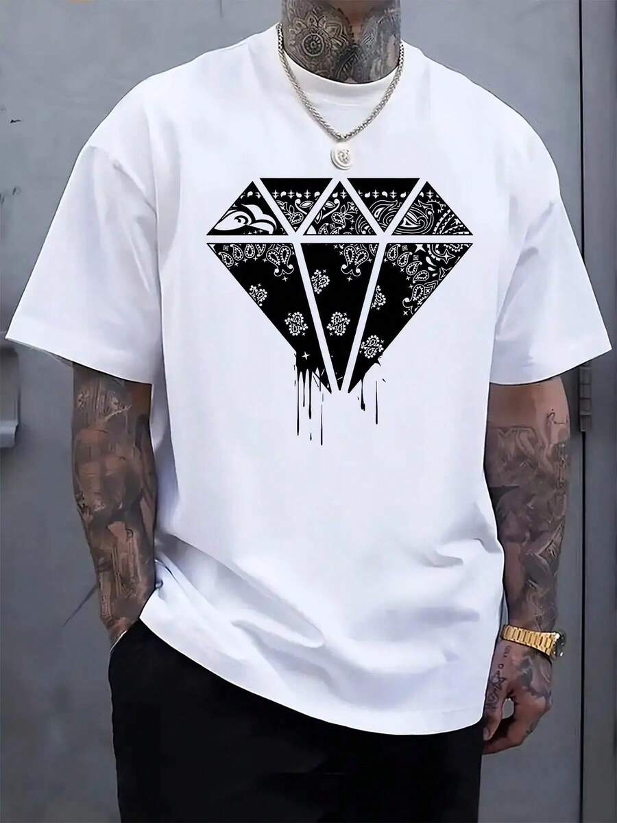 Men'S 3D Print Diamond Pattern T-Shirt - White With Black & Gray Rhombus Texture, Breathable Soft Fabric, Loose Fit Casual Shirt, All-Season Comfort, Short Sleeve Round Neck, Digital Heat Transfer Print For Streetwear & Everyday Outfits - Youthful Urban Style Statement Piece, T-Shirt For Men, Graphic Tee Men, Funny Tshirt, Men Clothing - 白色 - 查看 1