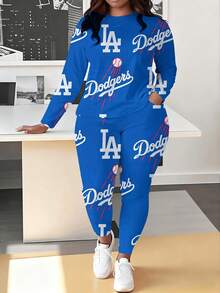 Dodgers LA Plus-Size Women's Long-Sleeved Leggings Set For Rugby League, Plus-Size Women's T-Shirts And Leggings Sportswear, Christmas, Halloween, And Birthday/Valentine's Day Gifts. - 風格 - 查看 1
