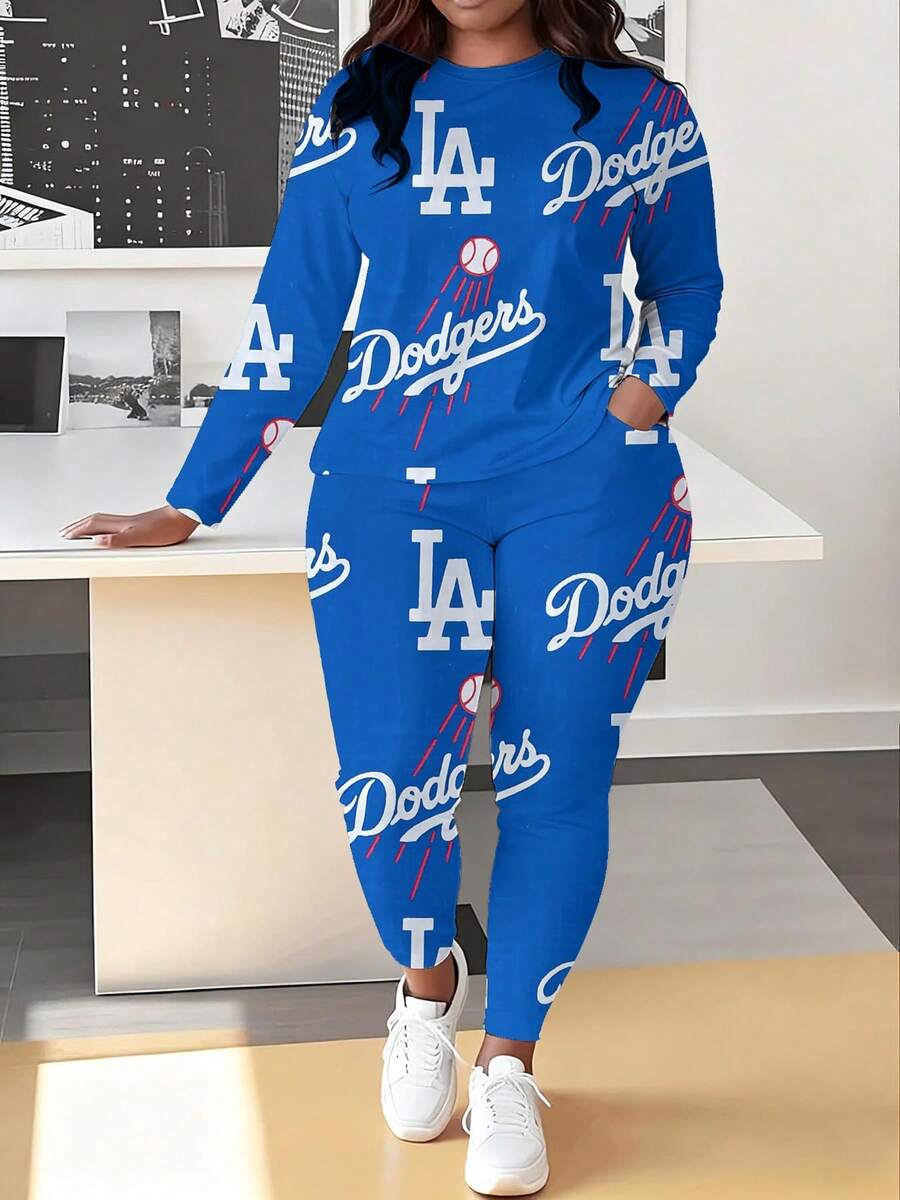 Dodgers LA Plus-Size Women's Long-Sleeved Leggings Set For Rugby League, Plus-Size Women's T-Shirts And Leggings Sportswear, Christmas, Halloween, And Birthday/Valentine's Day Gifts. - 風格 - 查看 1